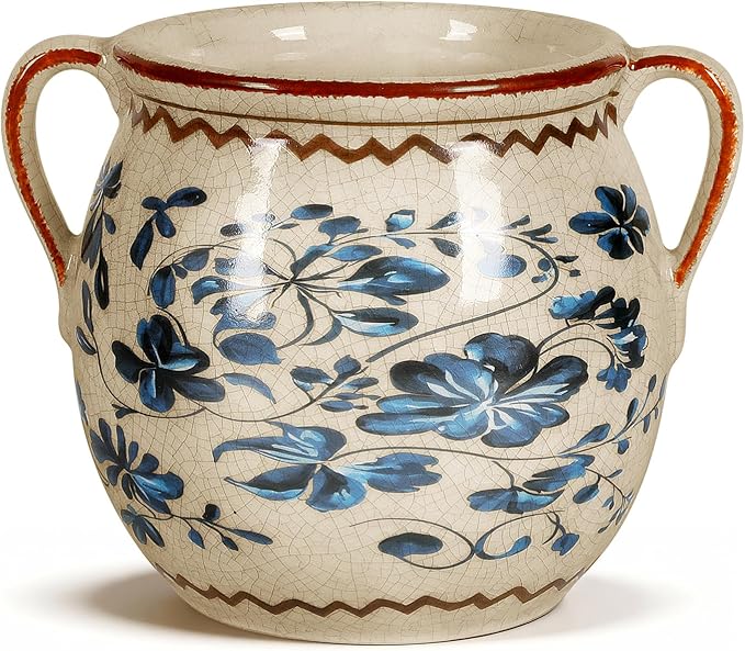 BUYMAX Ceramic Plant Pots for Indoor Plants with Drainage Hole, Vintage Crackle Glaze Hand-Painted Blue Flower Planter with Handles, Small Decorative Hanging Planter