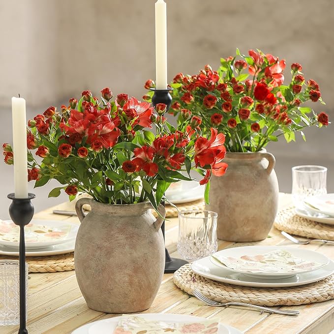Dobbyby Ceramic Flower Vase 7.6 inch Farmhouse Rustic Vase Decorative Pottery Terracotta Vases for Home Decor Table Mantle Fireplace Living Room Bathroom Wedding Centerpiece (Whitewashed)