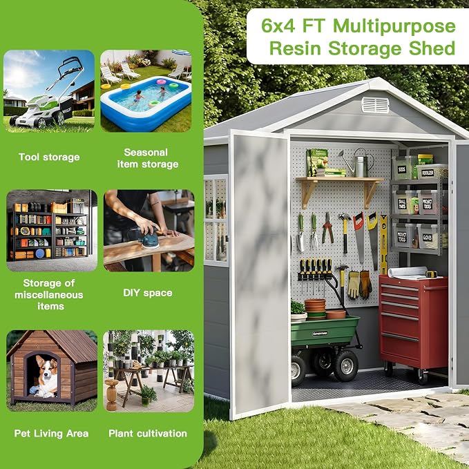 6x4 FT Outdoor Storage Shed with Floor & Window, All-Weather Resin Garden Tool Shed, Waterproof Plastic Garden Shed with Lockable Door, Vents & Roof Rainwater Drainage for Backyard, Garden, Poolside