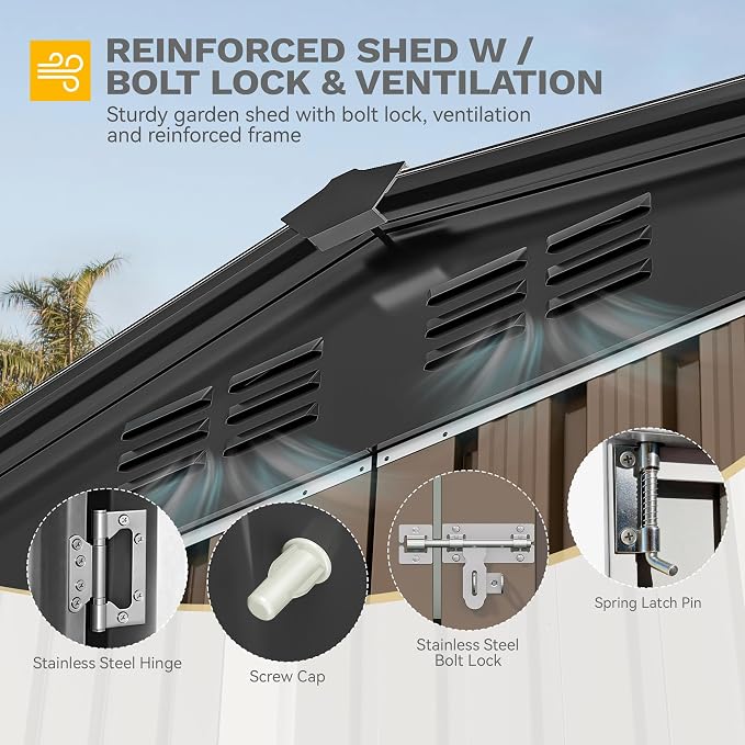DWVO 7x5ft Metal Outdoor Storage Shed, Waterproof Tool Shed Heavy-Duty Storage Unit with Lockable Door and Vents, Ideal for Bicycles, Tools, Lawnmowers, Backyards, Patios, Lawns - Brown