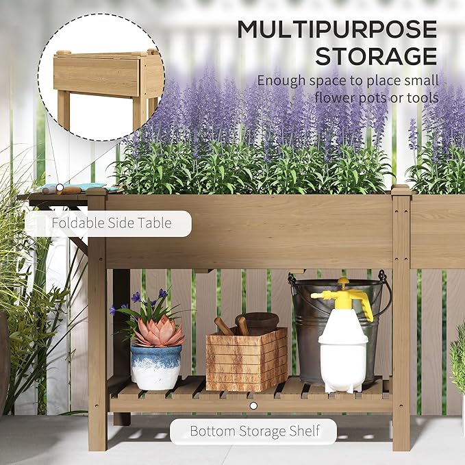Outsunny Raised Garden Bed, Wood Elevated Planter Box with Side Table, Bottom Shelf, Outdoor Raised Planter with Bed Liners, Drainage Holes for Vegetable Flower, 81.5 x 23 x 31 in, Carbonized Brown