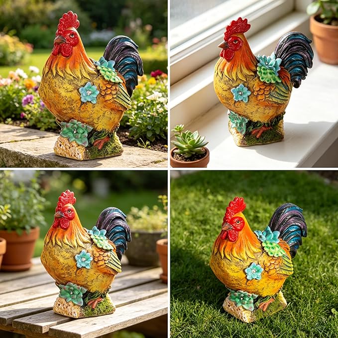 Solar Garden Statues Colorful Rooster and LED Lights Birthday Gifts for Women Mom Grandma Solar Outdoor Cat Decor for Outside,Outdoor Solar Lights for Yard, Garden and Patio, Unique Gift for Women