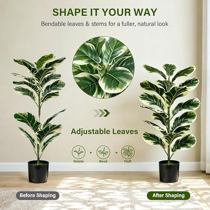 2 Pack Fiddle Leaf Fig Tree, 30'' Fake Tree in Pots with Green Artificial Turf, Floor Fake Plants Indoor for Spring Home Porch Bathroom Living Room Office Patio Windowsill Decor (Variegated)