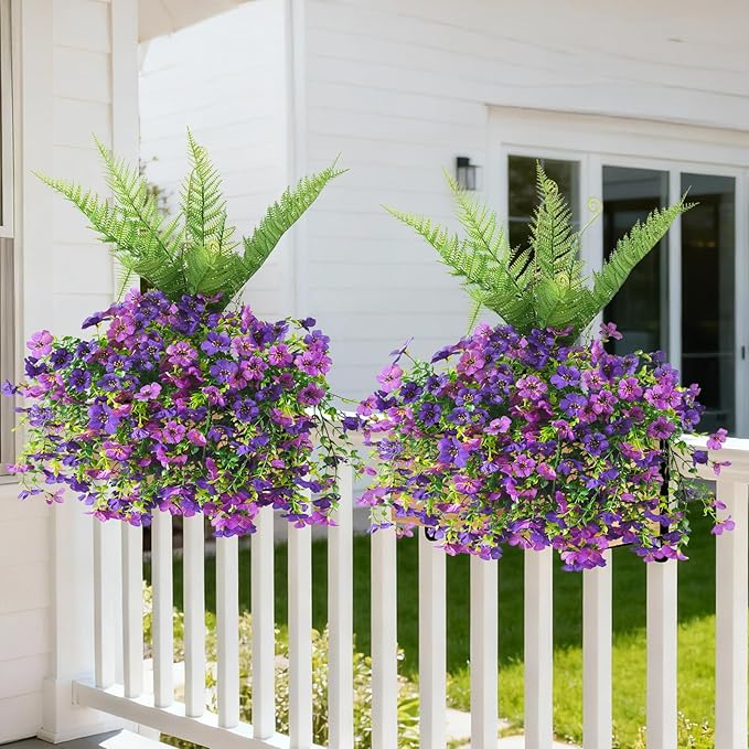 INQCMY Artificial Fake Hanging Flowers with Fake Fern for Outdoors UV Resistant Artificial Plants Spring Decor Look Real Faux Flowers for Outside Home Planter Porch Patio Decor
