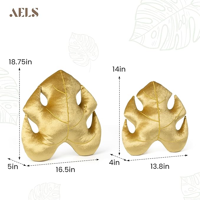 AELS Set of 2 3D Leaves Decorative Throw Pillows, 18"& 14" Monstera Deliciosa Plush Pillow Set for Plant Lovers Garden Lovers, Living Room Bedroom Nursery Decor, Golden