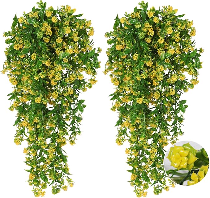 RECUTMS Hanging Plants Fake Vines Fake Hanging Plants Outdoor Greenery Faux Greenery 2Pcs Artificial Hanging Flower for Outdoors Hanging Basket Plastic Home Garden Wedding Party Decorations(Yellow)