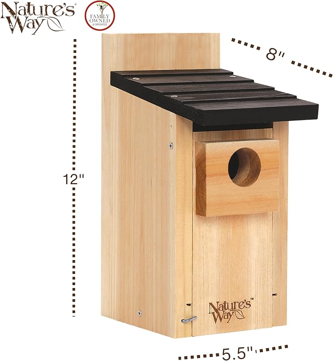 Nature’s Way Cedar Bluebird House for Outdoor Nesting, Predator Guard, Ventilated Design & Easy Access Clean-Out Panel, Natural Wood