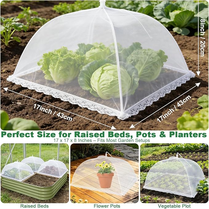 4 Packs Mesh Plant Cover with 16 Ground Stakes, Pop-up Mesh Plant Cover for Outdoor, Reusable Mesh Plant Protector for Vegetables Seedlings and Herbs, Strawberry Plant Protector(17 x 17 Inch)