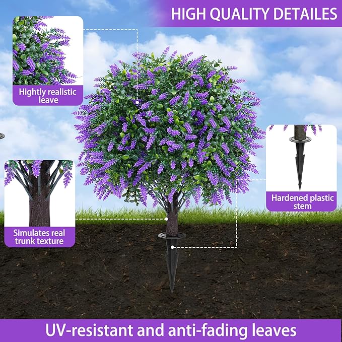 Artificial Lavender Topiary Ball Trees with Ground Spike, Set of 2 UV Resistant Artificial Shrubs, Fake Evergreen Artificial Plant Bush for Indoor Outdoor Front Porch Garden