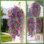 Fake Hanging Plants, Faux Hanging Plant Artificial Greenery for Living Room Bedroom Boho Wall Shelf Indoor Outdoor Decor (4-Pack, Purple Pink Morning Glory)