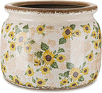 7.7″ Large Vintage Ceramic Plant Pot with Sunflowers Pattern Warm Yellow Rustic Planter with Ice Crackle Glaze & Drainage Hole for Indoor Outdoor Plants Home Kitchen Office Decor Gift