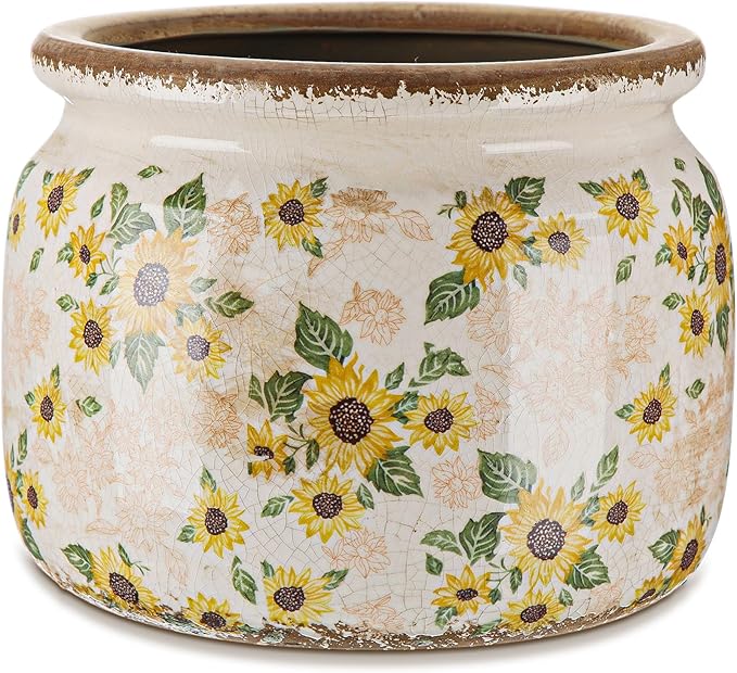 7.7″ Large Vintage Ceramic Plant Pot with Sunflowers Pattern Warm Yellow Rustic Planter with Ice Crackle Glaze & Drainage Hole for Indoor Outdoor Plants Home Kitchen Office Decor Gift