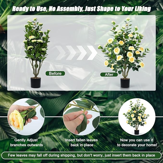 Artificial Camellia Tree 2 Pack 42" Faux Camellia Plant in Pot with 32 Blooming Flowers Fake Flower Tree Greenery Potted Plant for Indoor Outdoor Office Home Porch Decor Yellow