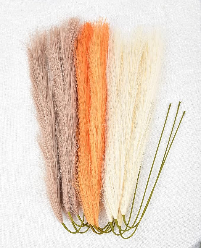 LSKYTOP Orange Pampas Grass Decor,23Inch 12pcs Faux Pampas Grass Bouquets Artificial Pampas Fake Pampas Flower for Home Living Room Bedroom Vase Decor