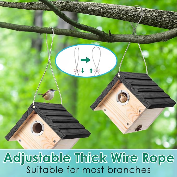 Dreyoo 2 Pack Wren House, 1-1/8'' Entrance Hole Hanging Wooden Wren Bird Houses for Outside with Metal Guard, Air Vents, Pine Wood for Chickadees (Black,Wood Color)