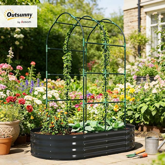 Outsunny Galvanised Raised Garden Bed with Arched Trellis, 5 x 3 x 6ft Metal Outdoor Planter Box with Open Bottom Design, Modular Raised Bed with Gloves for Vegetable Flower, Easy Assembly, Dark Gray