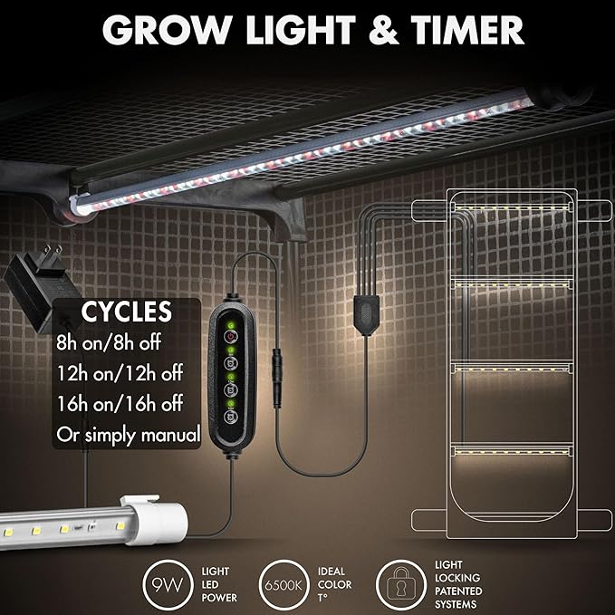 Mushroom Grow Tent with 6500K LED Light & Timer, 4-Tier Shelves Fit Up to 8 Monotubs, Mini Indoor Greenhouse with Grow Light, Waterproof Tray, 4 Vents, Martha Tent