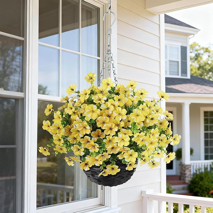 GLIDLION Artificial Flower & Eucalyptus with Hanging Basket - 2PCS Faux UV Sun Resistant Morning Glory in Planter, Fake Colorful Silk Flowers for Spring Summer Porch Patio Balcony Yard Decor (Yellow)
