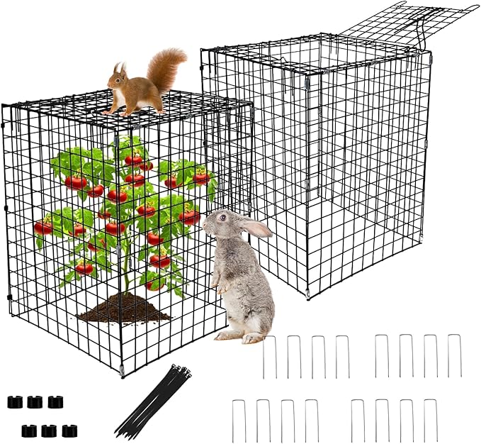 Garden Wire Cloches For Plants Extra Large 13.2" X13.2" X16.7" Rustproof Plant Cages For Outdoor Plants Protectors From Animals With Openable Top Cover & Stakes Plant Cages To Keep Animals Out (2 PCS)
