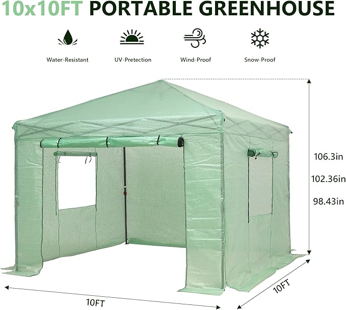 GDY 10X10FT Instant Pop-up Greenhouse, Walk-in Plant Gardening Green House with PE Cover/Roll-Up Zipper Doors/Side Windows for Indoor, Backyard and Outside, Green/Clear.