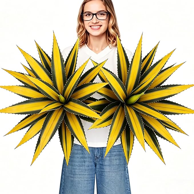 Artificial Green Edged Gold Leaf Spiny Agave Plant with 23 Leaves, 23.62in Faux Agave for Indoor & Outdoor Home Decor Perfect for Porch Living Room Bedroom Patio & Office（2 Pack）