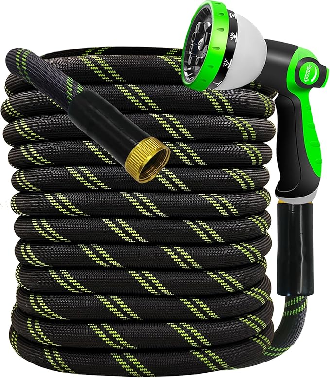 Garden Hose 25 FT, NON-EXPANDABLE Heavy-Duty Flexible & Lightweight Water Hose with 10-Function Nozzle, No-Kink, Leak-Proof Super Fabric, Solid Fittings for Lawn, Car, Outdoor (Black Green)