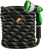 Garden Hose 50 FT, NON-EXPANDABLE Heavy-Duty Flexible & Lightweight Water Hose with 10-Function Nozzle, No-Kink, Leak-Proof Super Fabric, Solid Fittings for Lawn, Car, Outdoor (Black Green)