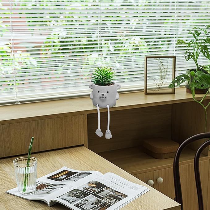 Artificial Succulents in Cement Pots with Hanging Leg, Potted Cute Mini Fake Plants for Office Desk Decor, Faux Succulent Plants Indoor Decorations - Set of 1