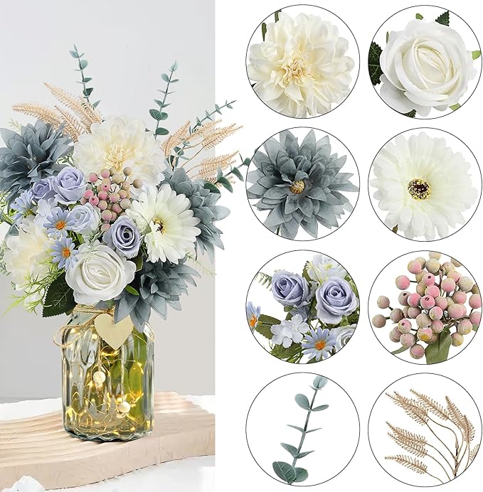 Fake Flowers in Vase, Dusty Blue Artificial Flowers Arrangement in Vase, Fake Floral Table Centerpieces for Kitchen Farmhouse Coffee Table Living Room Cemetery Gravesites Decor