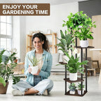 5 Tier Plant Stand Indoor, Thickened Metal Wood Corner Plant Shelf Stands for Multiple Plants, Indoor Tall Plants Stand Tiered Flower Holder for Living Room Patio Garden Balcony(Black+Oak)