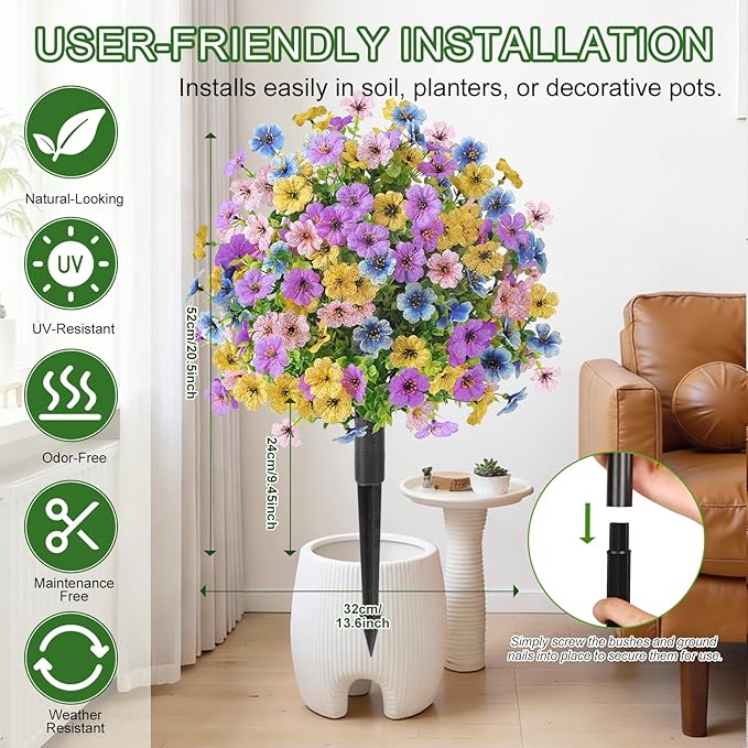 Alupssuc 2Pcs 20" Artificial Topiary Ball Flowers for Outdoors, Spring Decoration with Spike, UV Resistant Faux Summer Plants, Fake Bushes Indoor Decor, Mix 4 Colors for Garden, Porch, Home & Patio