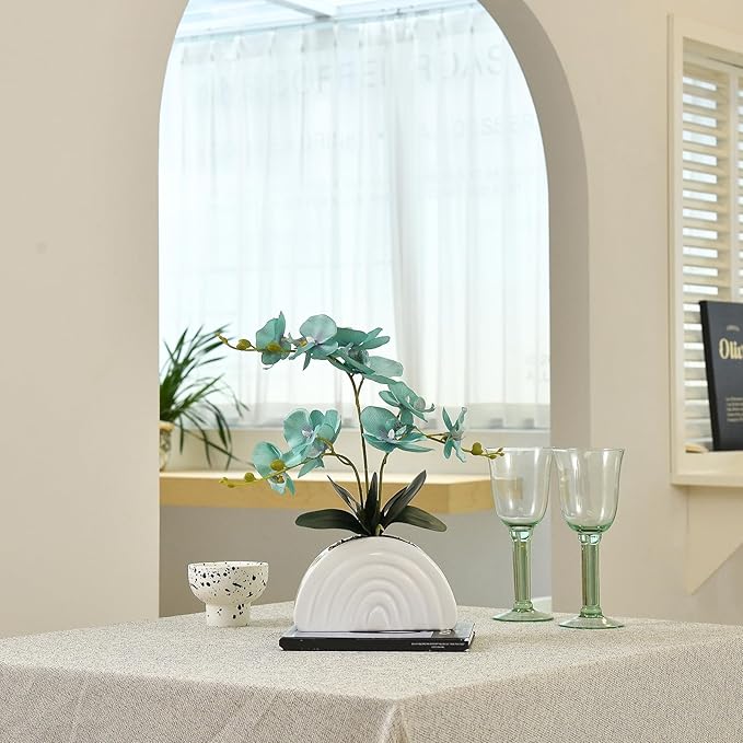 Fake Orchid Plant in White Rainbow Pot, Artificial Silk Phalaenopsis Orchid Flowers for Home Décor, Table Centerpiece, Office Desk (Teal Blue)