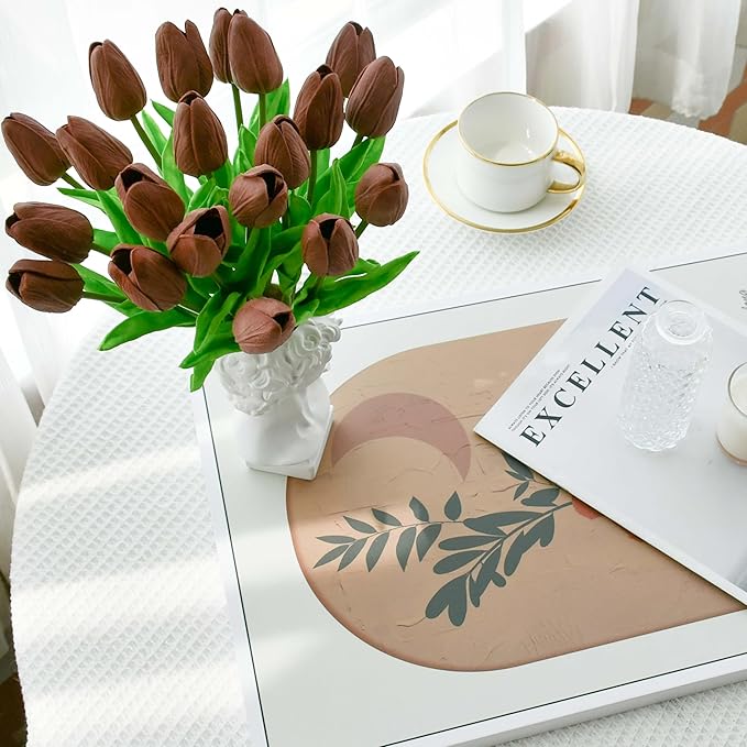 Mandy's Brown Artificial Tulips Flowers Centerpiece, 13.5" Lifelike PU Fake Floral Stems 20pcs for Kitchen Island & Dining Table, Spring Decor for Easter