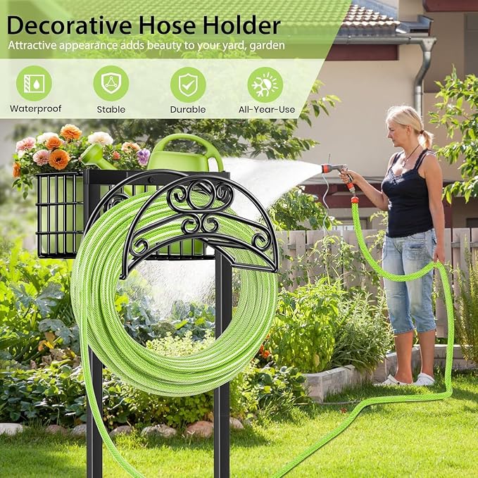 TomCare Garden Hose Holder Upgraded Water Hose Holder Heavy Duty 4 Spikes Hose Hanger Holds 160 Feet Hoses Stable Freestanding Hose Storage Organizer for Outside Yard