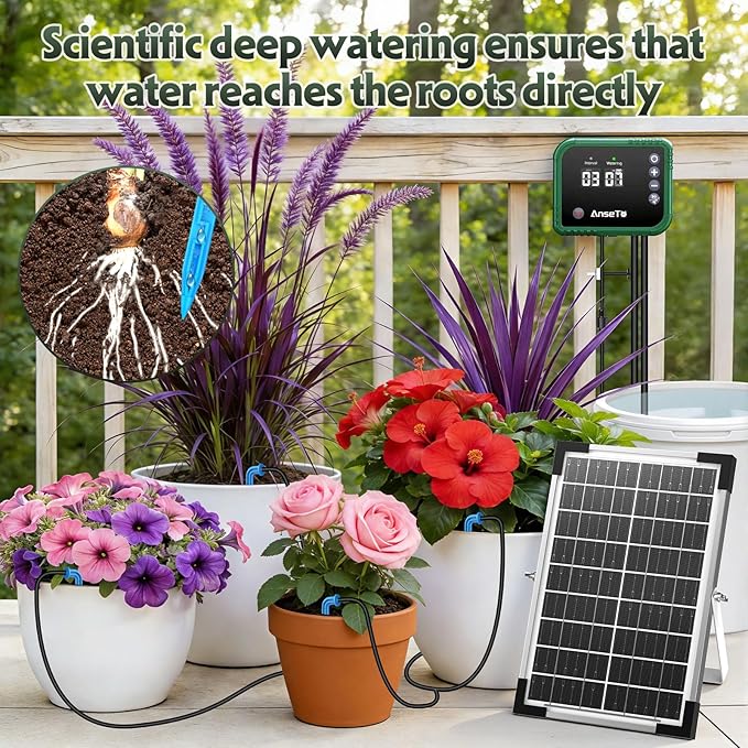 8W Solar Drip Irrigation System for Gardens, DIY Automatic Drip Kit, Supports Watering 30 Pots, Includes 35m Drip Hose and 30 Emitters Suitable for Gardens/Greenhouses/Outdoor Irrigation Timer