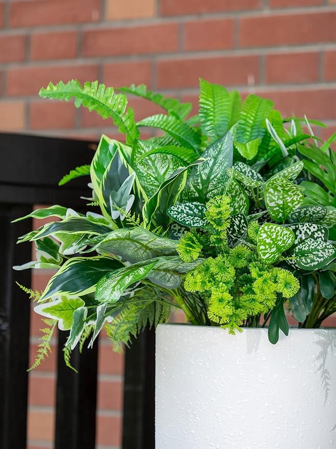 Green Moon 14 Bundles Artificial Plants Outdoor, Faux Plants Outside UV Resistant Fake Greenery Shrubs for Home Planter Garden Patio Front Porch Yard Decor