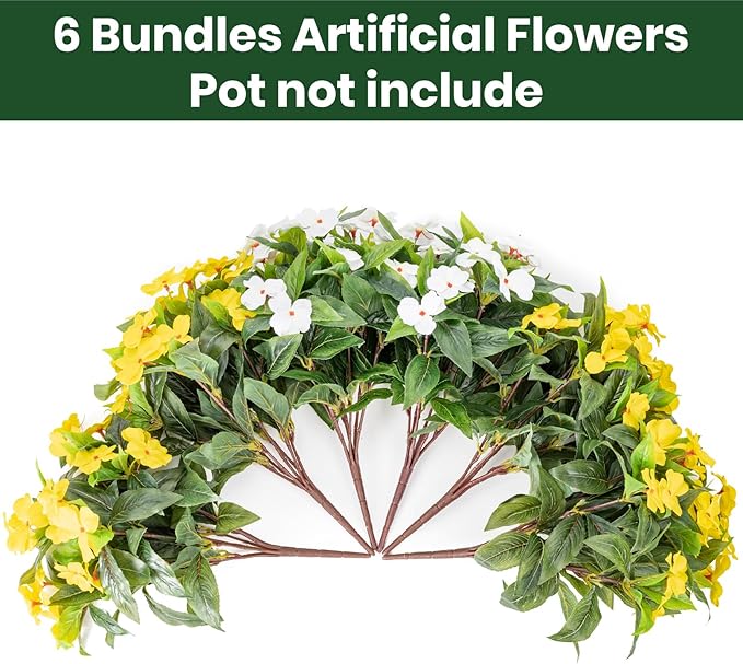 Nigirior Artificial Fake Flowers for Outdoor Décor 6 Bundles UV Resistant Fake Plants for Planter Faux Impatiens for Home Porch/Garden Stunning（Yellow/White）