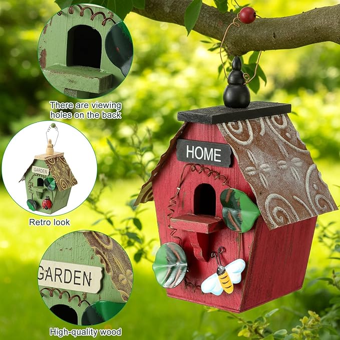 DoubleFill 2 Pcs Birdhouses for Outdoor Hanging Yard Outside Wooden Birdhouse Hand Painted Bird Box for Bird Lovers Bluebird Tree Garden Decor Decorative Birdhouse(Red,Green,Iron Roof)