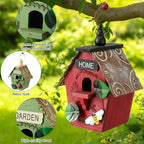 DoubleFill 2 Pcs Birdhouses for Outdoor Hanging Yard Outside Wooden Birdhouse Hand Painted Bird Box for Bird Lovers Bluebird Tree Garden Decor Decorative Birdhouse(Red,Green,Iron Roof)