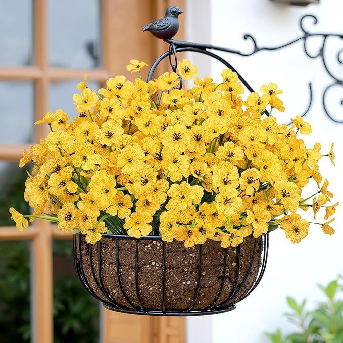 Bassion 24 Bundles Artificial Flowers for Outdoors Decoration, UV Resistant Yellow Silk Fake Faux Flowers Artificial Plants for Outside Window Box Porch Garden Home Decor