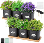 LemonRoad 6 Pcs Indoor Herb Planter Window Herb Pots for Kitchen with Drainage Hole and Bamboo Tray Farmhouse Metal Garden Planter Pot with DIY Label Mom Plant Gift(Black,Square)