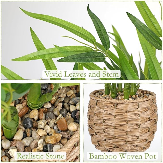 GnFlus Artificial Bamboo Tree Plant 19 inch Tall Potted Fake Bamboo Plant-Faux Bamboo Tree in Woven Pot for Farmhouse Home, Office, Kitchen, Counter Top, Indoor Decor, Money Tree, Lucky Bamboo Tree