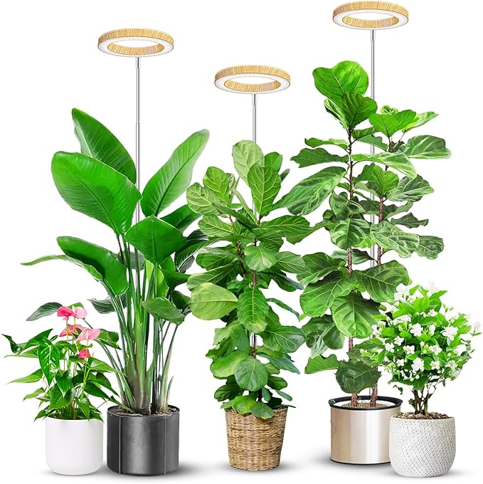 6.3in Plant Lights for Indoor Growing, Full Spectrum Faux Wood Grain Grow Light, 80 LED Growing Lamp with Height Adjustable 10"-65", 6/12/16H Timer, 3 Optional Spectrums, 5 Brightness, 3 Pack