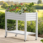 DWVO Raised Garden Bed Kit, 3.6 x 1.5 x 2.8 FT Outdoor Plastic Planter Box with Wheels and Legs, Garden Box with Drain Plug & Storage Shelf for Planting Vegetables, Flowers, and Herbs, Grayish-White