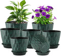 Meowell 7/6.5/6/5.5/5/4.5/4 inch Plant Pots for Indoor Outdoor Plants, 7 Pack Thick Flower Pots with Drainage Holes and Saucers, Wave Texture Plastic Planters Nursery Pots, Black with Green Speckles