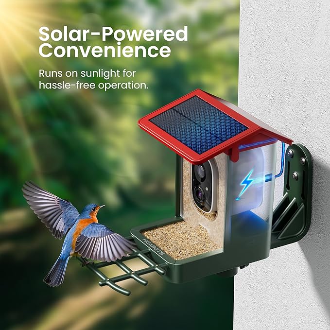 Smart Bird Feeder with Camera Solar Powered, 2K HD Video, AI Bird Species Identification, Instant Arrival Alerts, Weatherproof Design for Effortless Birdwatching, Gift for Fathers Day, Red