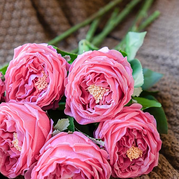 DUYONE Fake Flowers for Decoration Home Decor Artificial Flowers Austin Rose Peony Latex Fake Flower Living Room Decoration Vivid Pink Roses Peonies (Rose red 4pcs)