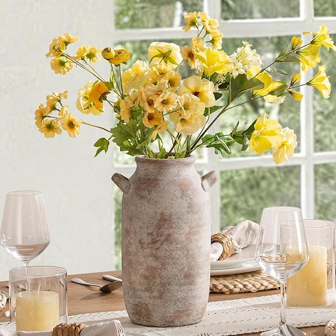 Large Flower Vase Home Decor - 12 inch Tall Ceramic Farmhouse Rustic Table Vases with Handle Living Room Decoration Decorative Modern Pottery for Floor Kitchen Shelf Coffee Dining Desk Fireplace