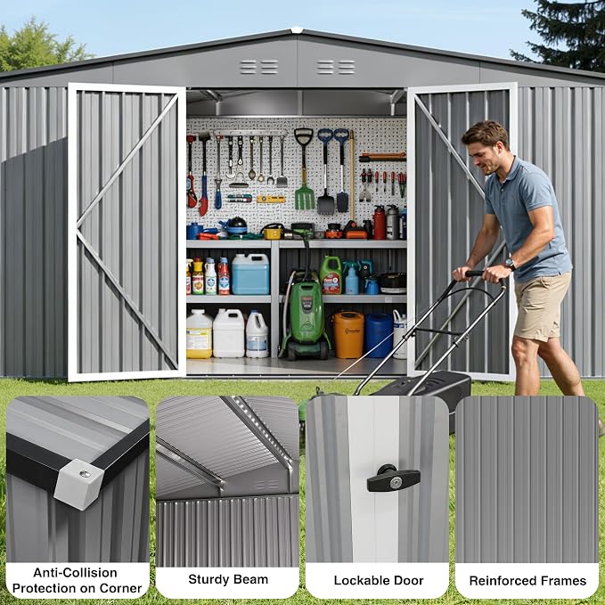 14 x 12FT Sheds & Outdoor Storage,Grey Metal Waterproof Storage Shed with Door and Lock Outdoor Shed,All-Weather Shelter for Bike, Gardening Tools, Lawn Mowers