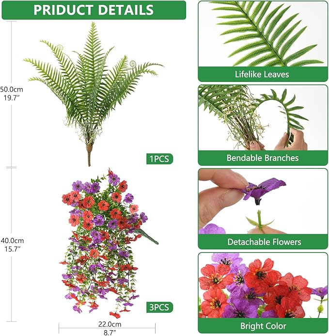INQCMY Artificial Fake Hanging Flowers with Fake Fern for Outdoors UV Resistant Artificial Plants Spring Decor Look Real Faux Flowers for Outside Home Planter Porch Patio Decor